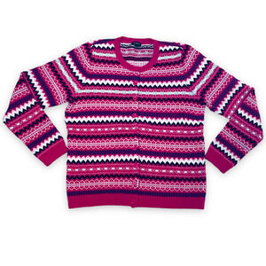 Talbots Women's Pink White Chevron Stripe Lambswool Cardigan Sweater Size L